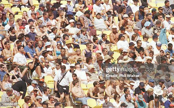 Fans. The crowd soaks up the sun at the WestpacTrust Stadium during the Telecom New Zealand International Sevens.