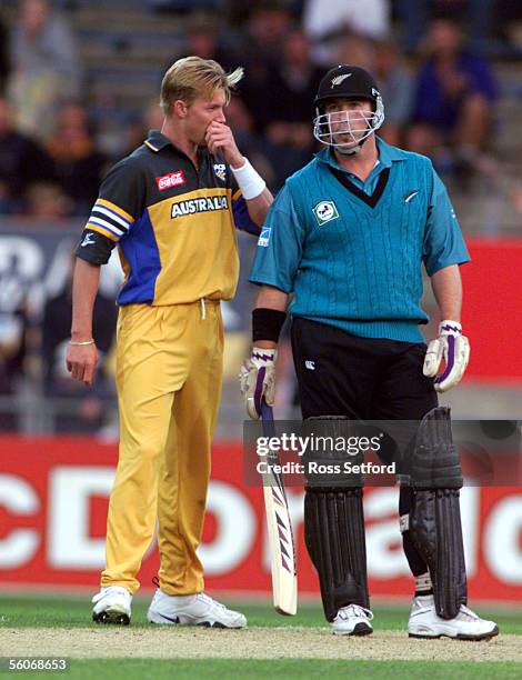 New Zealand 's Roger Twose receives a few words of wisdom from Australia's Brett Lee in the third one day international at Carisbrook, Dunedin,...