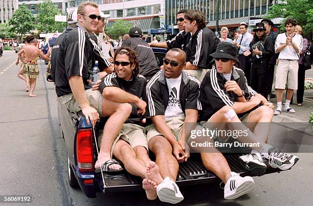 The New Zealand rugby'sevens' team truck through Wellington Streets, Thursday in a parade promoting Friday's World Sevens tournament in the city.