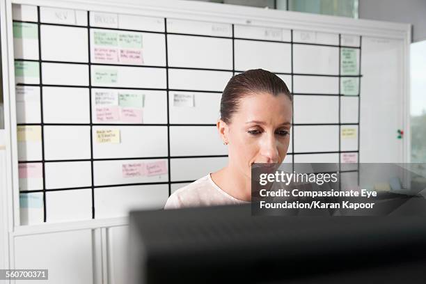 businesswoman working on computer in office - slicked back hair imagens e fotografias de stock