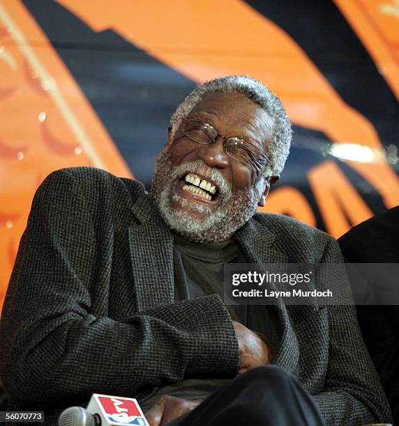 Legend Bill Russell gets a big laugh during a press conference introducing the NBA-themed Slam Dunk One, a specialty airplane was unveiled by...