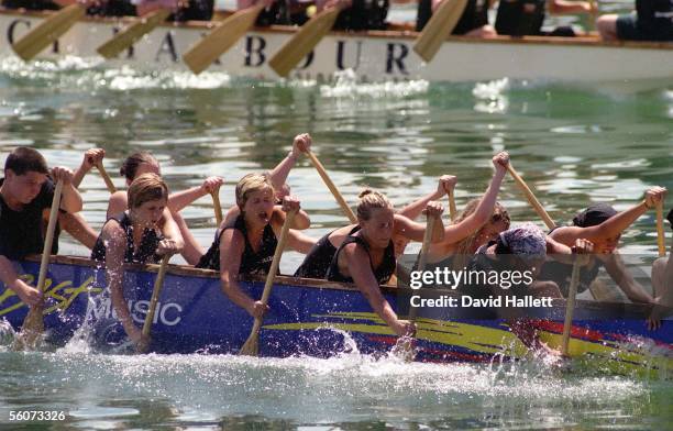 Howick College dragon boat team power on to the finish in the mixed bowl final during the Secondary Schools Dragon Boat races at the America's Cup...