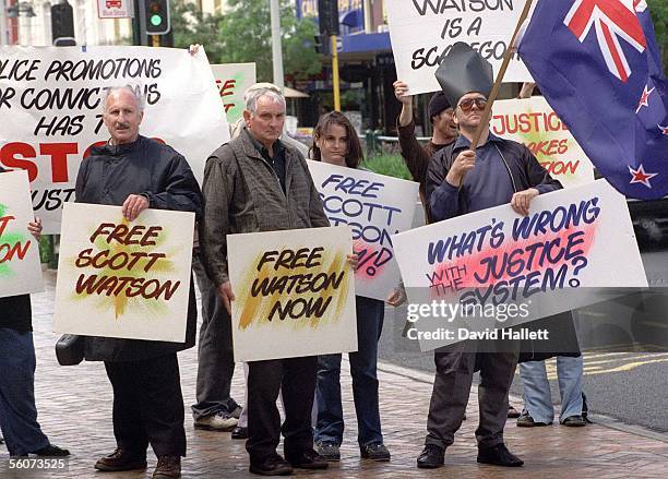 Rally held in Hamilton in support of convicted murderer Scott Watson. From left, Ron White, organizer of the rally with Arthur Allan Thomas and Jack...