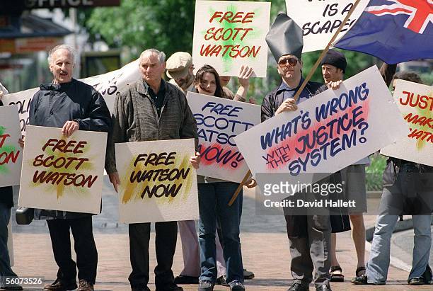 Rally held in Hamilton in support of convicted murderer Scott Watson. From left, Ron White, organizer of the rally with Arthur Allan Thomas and Jack...