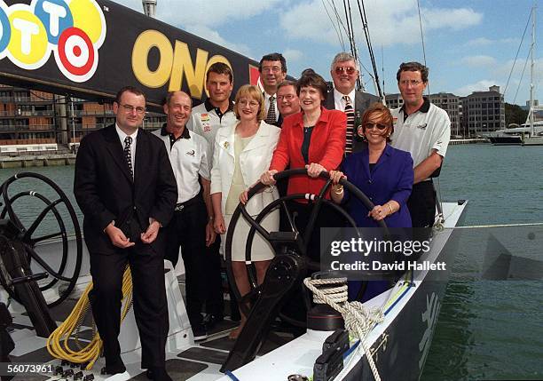 Team New Zealand announce the continuing support of it's main sponsors, the family of 5. Onboard the Black boat are from left, Trevor Mallard...