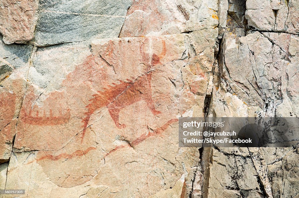 Ancient indian hieroglyphics on cliff side