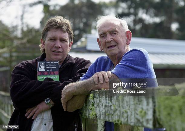 Former journalist Chris Birt shows 93 yr old Allan Thomas, father of Arthur Allan Thomas, the fruits of 25 years work, his book "The Final Chapter",...