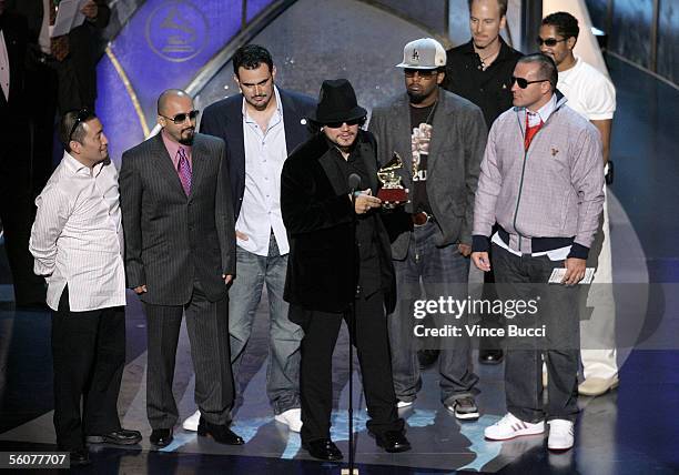 The band Ozomatli accepts Best Alternative Music Album Award onstage at the 6th Annual Latin Grammy Awards Pre-Telecast at the Shrine Auditorium on...