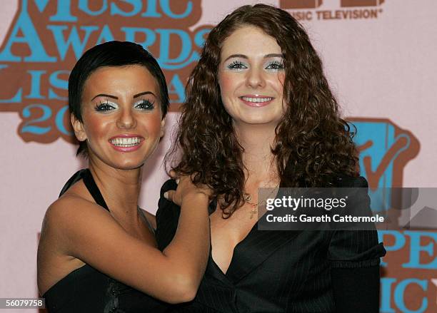 Elena Katina and Julia Volkova of Tatu pose in the Awards Room at the 12th annual MTV Europe Music Awards 2005 at the Atlantic Pavilion on November...