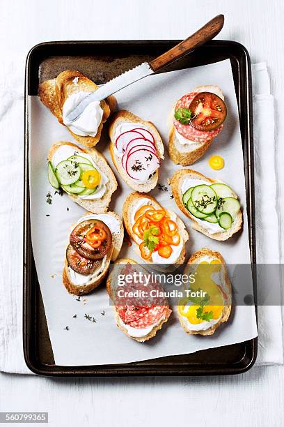 variety of crostini - crostini stock pictures, royalty-free photos & images