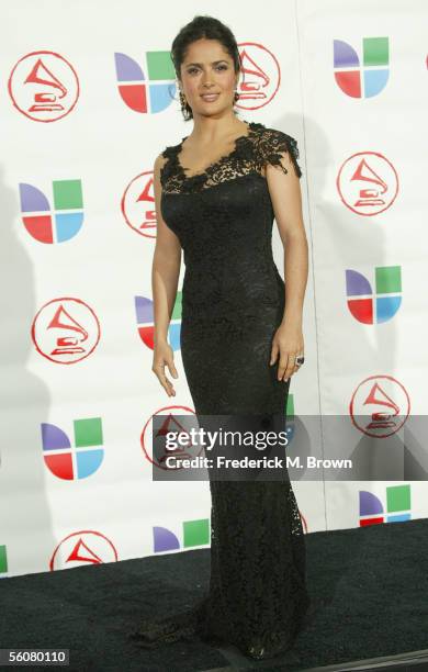 Actress Salma Hayek poses in the press room at the 6th Annual Latin Grammy Awards at the Shrine Auditorium on November 3, 2005 in Los Angeles,...