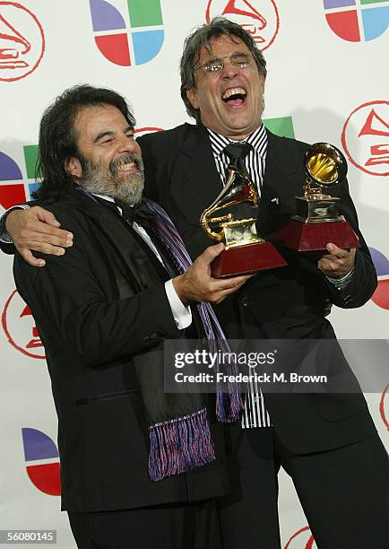 Musician Cantando Historias and producer Moogie Canazio pose with the Album of the Year award in the press room at the 6th Annual Latin Grammy Awards...