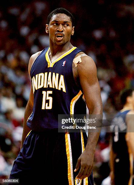 Ron Artest of the Indiana Pacers complains to an official after he was fouled going the the basket against the Miami Heat November 3, 2005 at the...