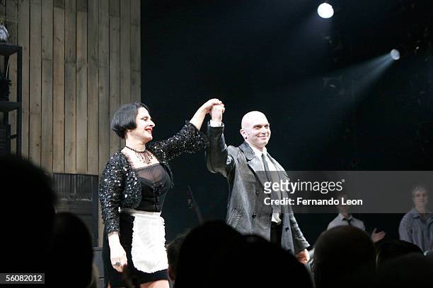 Actress Patti LuPone and actor Michael Cerveris on stage during the curtain call for the opening night performance of "Sweeney Todd" on November 3,...