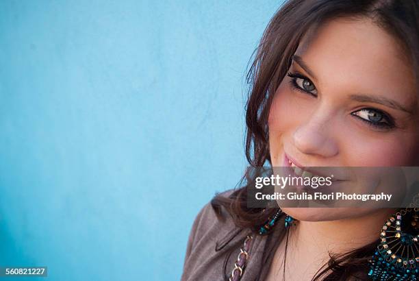 beautiful woman smiling - brown hair blue eyes and dimples stock pictures, royalty-free photos & images