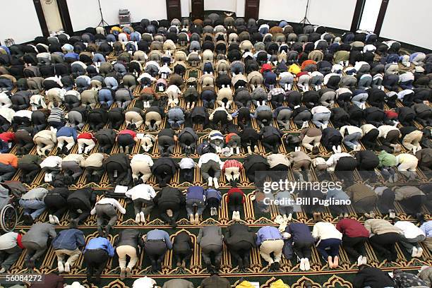 Several thousand Muslims gather in prayer at the Islamic Center of America to celebrate Eid al-Fitr November 4, 2005 in Dearborn, Michigan. The feast...