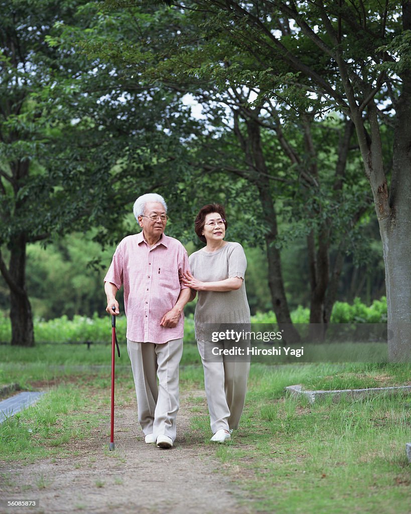 Senior couple walking in a park