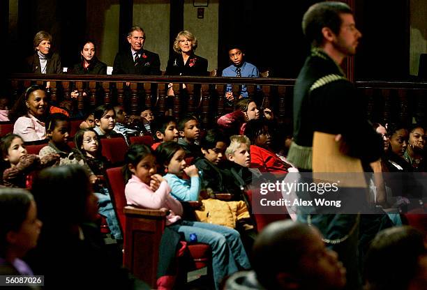 Prince Charles, Prince of Wales and his wife Camilla, Duchess of Cornwall attend a Shakespeare workshop for area children during a visit to the...