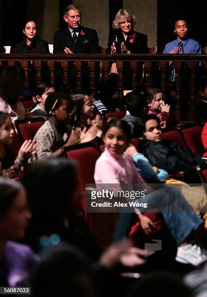 Prince Charles, Prince of Wales and his wife Camilla, Duchess of Cornwall attend a Shakespeare workshop for area children during a visit to the...
