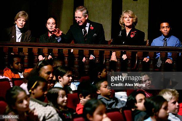 Prince Charles, Prince of Wales and his wife Camilla, Duchess of Cornwall attend a Shakespeare workshop for area children during a visit to the...