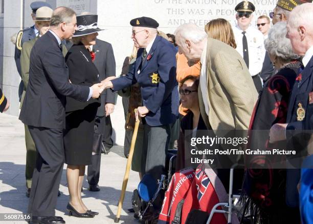 Prince Charles , Prince of Wales and Camilla , Duchess of Cornwall, visit a World War II Memorial and meet veterans on November 4, 2005 in...