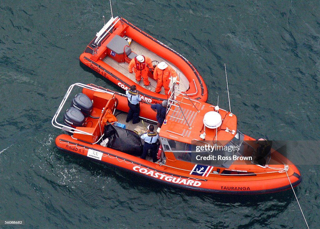 Tauranga Coast Guard rescue boats over the site wh
