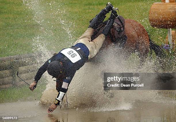 Matthew Grayling riding Kilinsmann falls into the water during the CCI class Cross Country Endurance day in the Three Day Event held at the Puhinui...