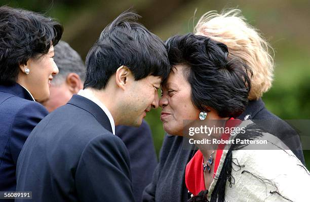 Japanese Crown Prince Naruhito, Hongi's with Donas Nathan a Wellington Cultural leader for Ngati Poneke and the Princes wife Princess Masako beside...