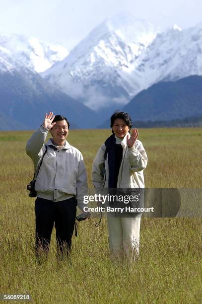 Their Imperial Highnesses Crown Prince Natuhito and Crown Princess Masako of Japan wave to the media as they admire the admire the scenic Eglington...