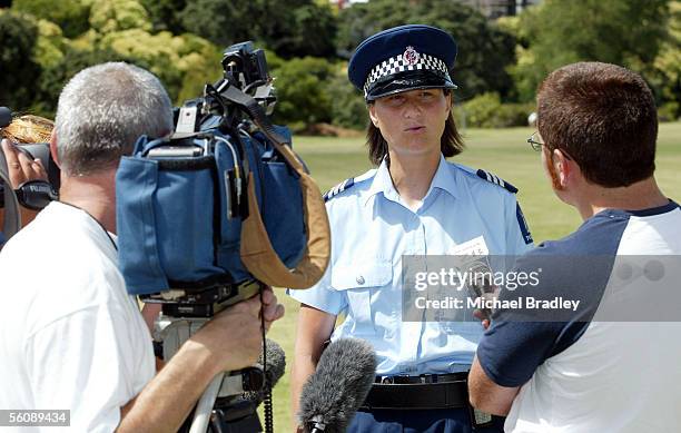 Police Sergeant Nicole Topfer talks to the media concerning the 7 year old girl was attacked by a dog on friday night in the Cox's Bay Reserve,...