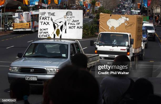 Convoy of farming vechicles makes its way down Queen Street with farmers protesting over the governments proposed FART tax.