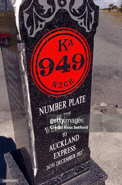 The locomotive number plate, KA 949, is remembered on a monument at the Tangiwai rail bridge, Ohakune, New Zealand, Wednesday, Mar 16, 2004. A lahar...