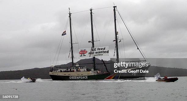 The Greenpeace Rainbow Warrior arrives into the Auckland Harbour, New Zealand, Friday, May15th,2004 as it displays a large GE Free banner on the last...