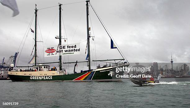 The Greenpeace Rainbow Warrior arrives into the Auckland Harbour, New Zealand, Friday, May15th,2004 as it displays a large GE Free banner on the last...