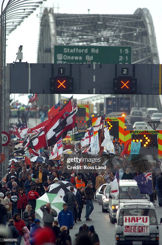 Traffic moves slowly as marchers on the