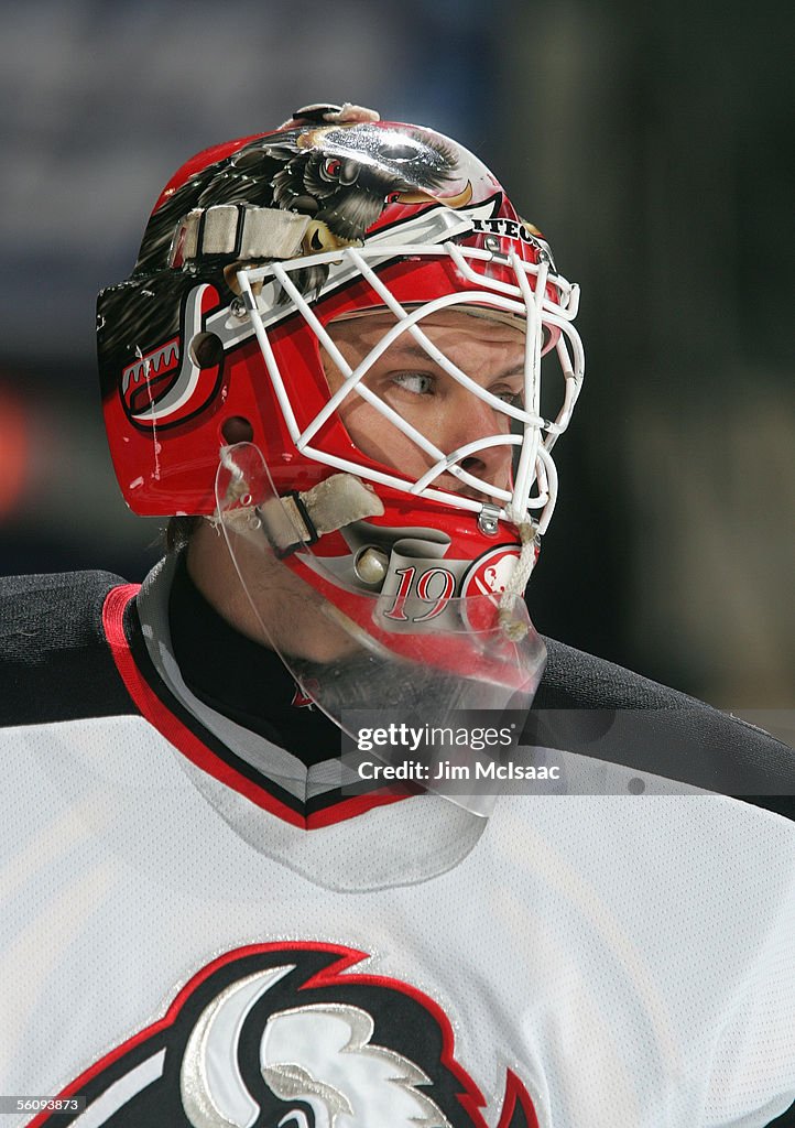 Goaltender Martin Biron of the Buffalo Sabres skates against the New