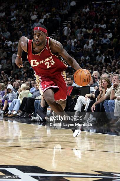 LeBron James of the Cleveland Cavaliers drives against the San Antonio Spurs at the SBC Center on November 4, 2005 in San Antonio, Texas. NOTE TO...