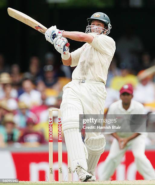 Mike Hussey of Australia in action during day three of the First Test between Australia and the West Indies played at the Gabba on November 5, 2005...