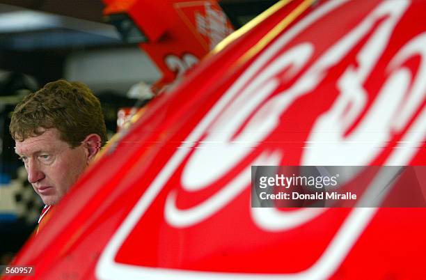 Bill Elliott, driver of the Evernham Motorsports Dodge Intrepid R/T stands in the garages during the practice for the Aaron's 499 at Talledega...