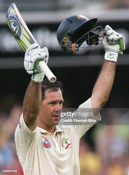 Ricky Ponting of Australia celebrates reaching his century during day three of the First Test between Australia and the West Indies played at the...