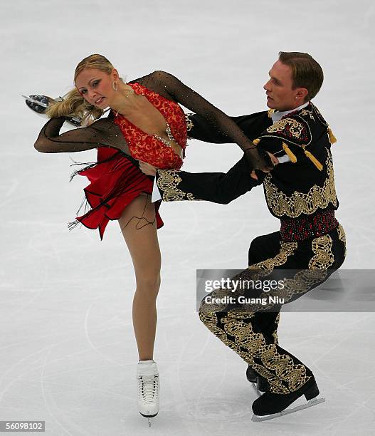 Tatiana Navka and Roman Kostomarov of Russia in action in action during the 2005 China Figure Skating Championship for the ice dancing at Capital...