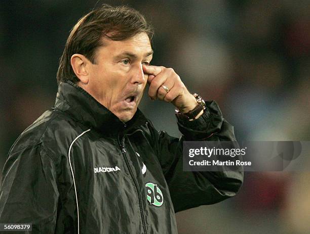 Ewald Lienen headcoach of Hannover gestures during the Bundesliga match between Hannover 96 and FSV Mainz 05 at the AWD Arena on November 5, 2005 in...