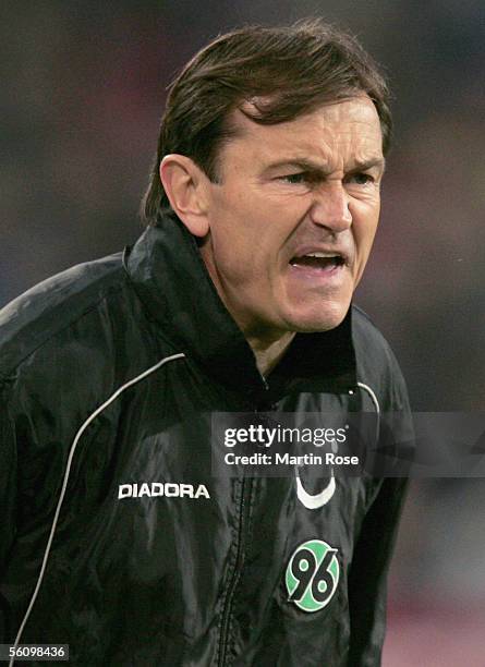 Ewald Lienen headcoach of Hannover gestures during the Bundesliga match between Hannover 96 and FSV Mainz 05 at the AWD Arena on November 5, 2005 in...