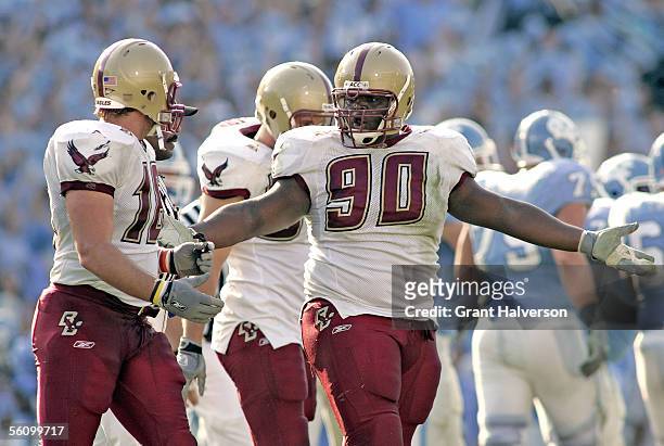 Raji and Brian Toal of the Boston College Eagles talk after giving up a field goal to the North Carolina Tar Heels during an Atlantic Coast...