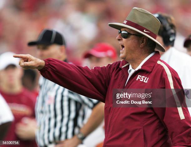 Head coach Bobby Bowden of the Florida State Seminoles yells out instructions to his defense against the North Carolina State Wolfpack at Doak...