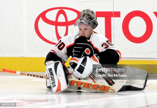 Backup goaltender Antero Niittymaki of the Philadelphia Flyers stretches before their game against the Atlanta Thrashers on November 5, 2005 at the...