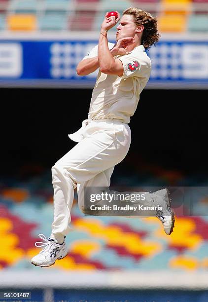 Nathan Bracken of Australia in action during day four of the 1st test match between Australia and the West Indies at the Gabba on November 6, 2005 in...