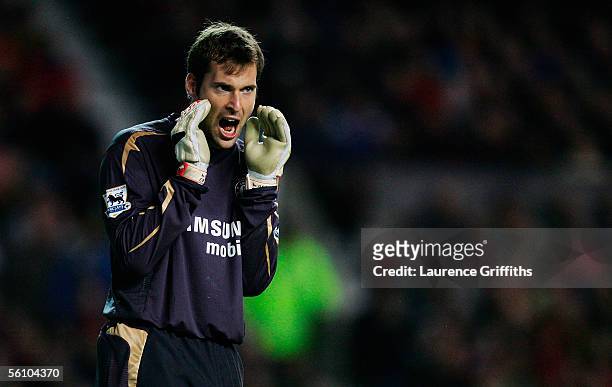 Petr Cech, the Chelsea goalkeeper, shouts instructions to his defence during the Barclays Premiership match between Manchester United and Chelsea at...