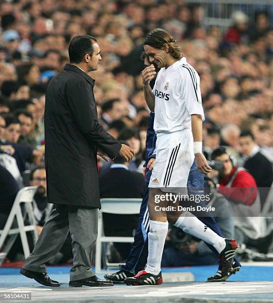 Jonathan Woodgate of Real Madrid is taken off injured during the Primera Liga match between Real Madrid and Real Zaragoza at the Bernabeu on November...