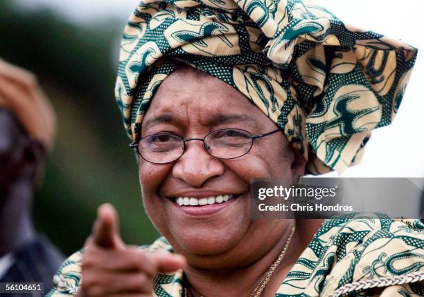 Presidential candidate Ellen Johnson Sirleaf waves to supporters during a support parade November 6, 2005 in Monrovia, Liberia. "Ellen," as she...